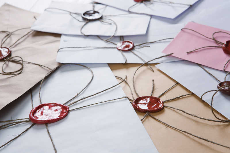 木桌上散落各色的信封