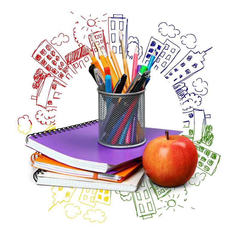 简笔画背景上的学习用品和苹果