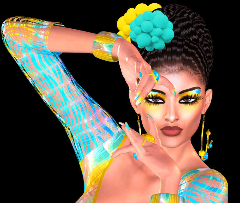 黑色背景下化着时尚艺术彩妆双手在脸前做动作的美女