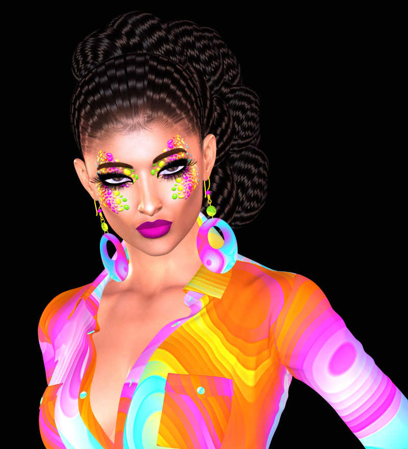 黑色背景下有着时尚艺术彩妆的黑发美女