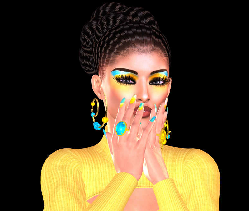 黑色背景下化着时尚艺术彩妆双手抚摸脸颊的美女