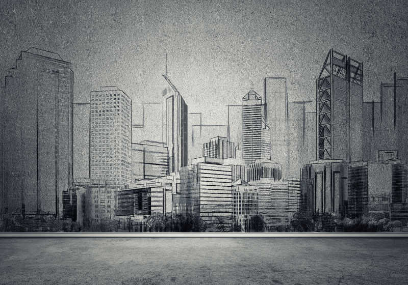 城市景观在混凝土墙面上的剪影