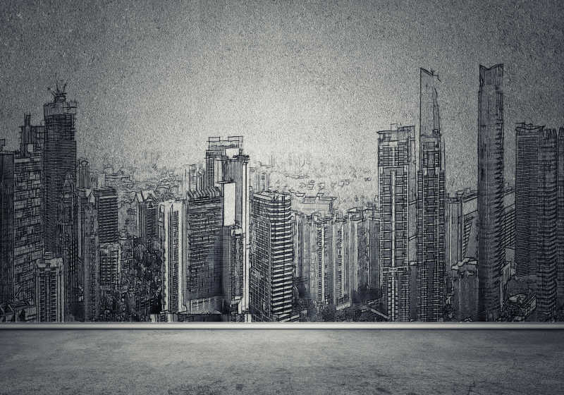 现代城市景观在墙面上的剪影