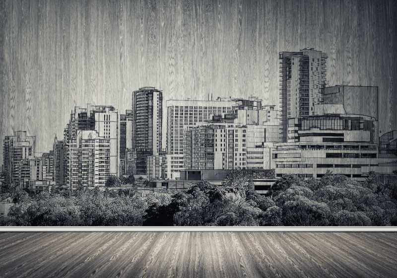城市的景观在墙面上的剪影