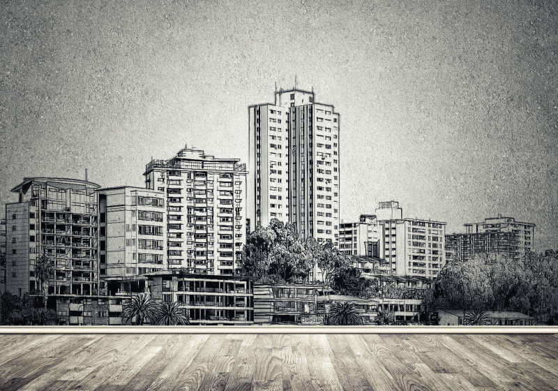 城市的景观在混凝土墙面上的剪影