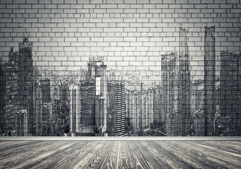 现代城市的景观在混凝土墙面上的剪影