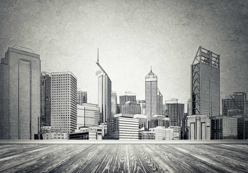 现代城市景观在混凝土墙面上的剪影