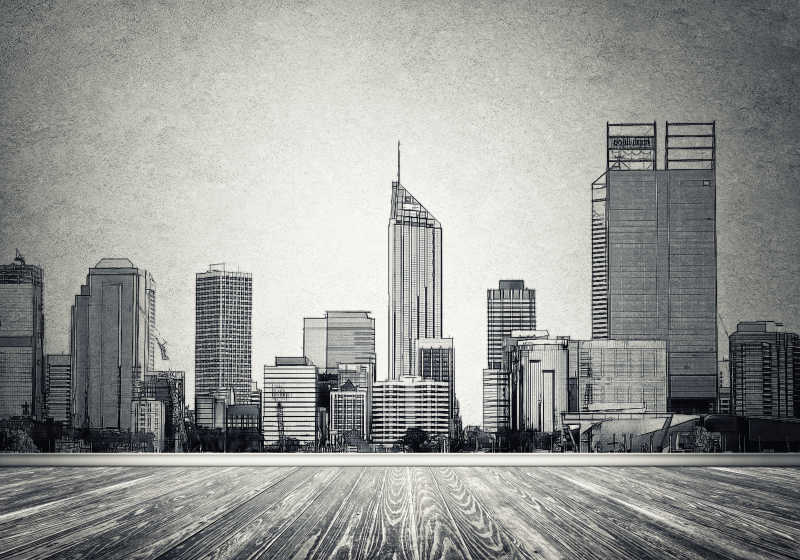 现代城市景观在灰色墙面上的剪影