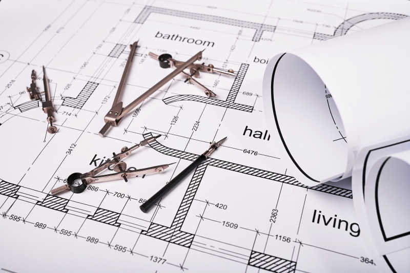 各种圆规和建筑平面图