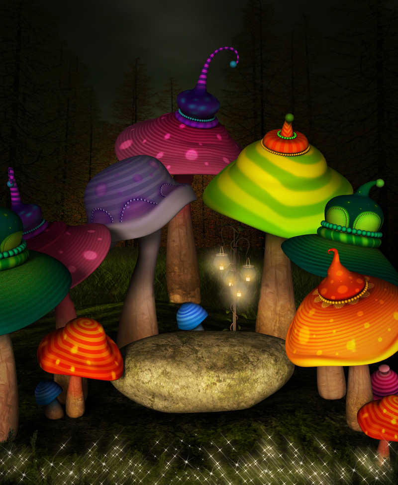 卡通背景下美丽仙境里的蘑菇