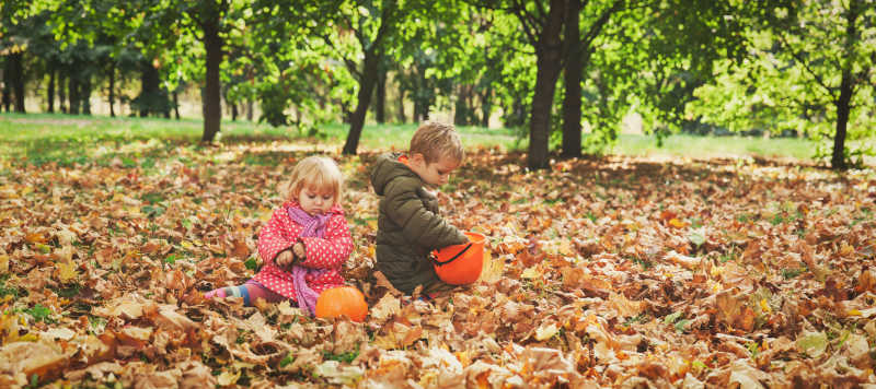万圣节公园里玩落叶的孩子们