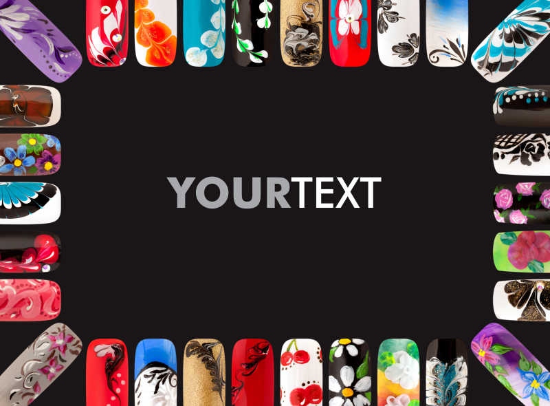黑色背景上的各种手工美甲设计