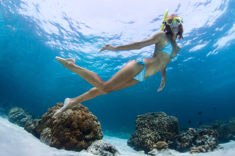 漂亮的在海里潜水的年轻女人