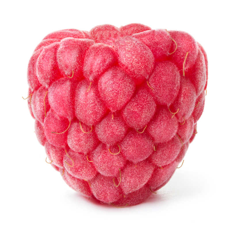 一颗白色背景上的覆盆子特写