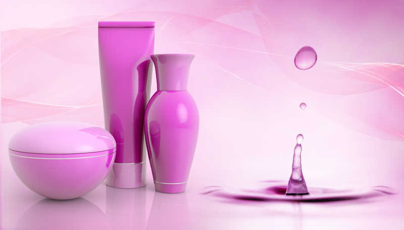 粉色水滴背景上粉色空白标签护肤品