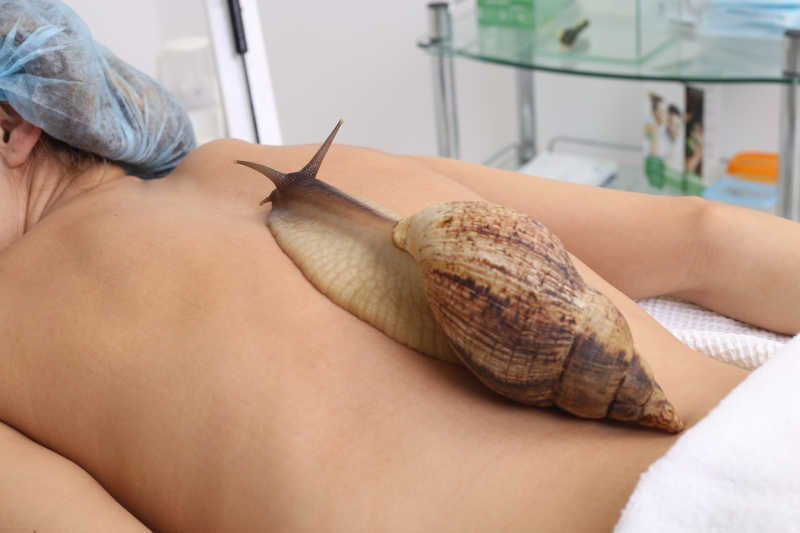  白色背景下的做蜗牛清洁美容的美女