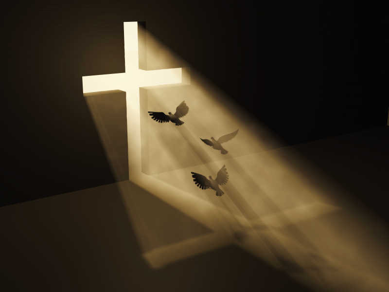 鸟儿飞向十字架光明