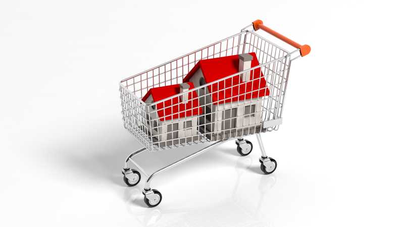 白色背景下购物车中的房屋模型