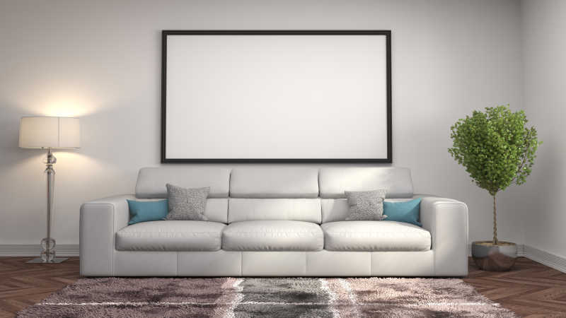 空白海报框架下的白色素雅现代沙发