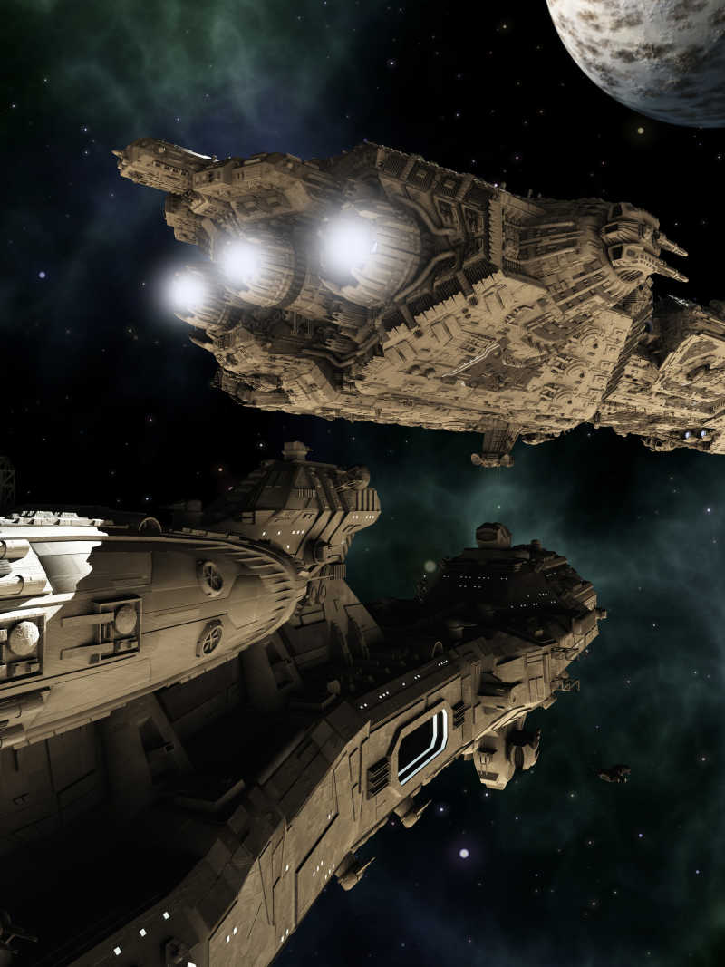 黑色背景下飞行的宇宙飞船