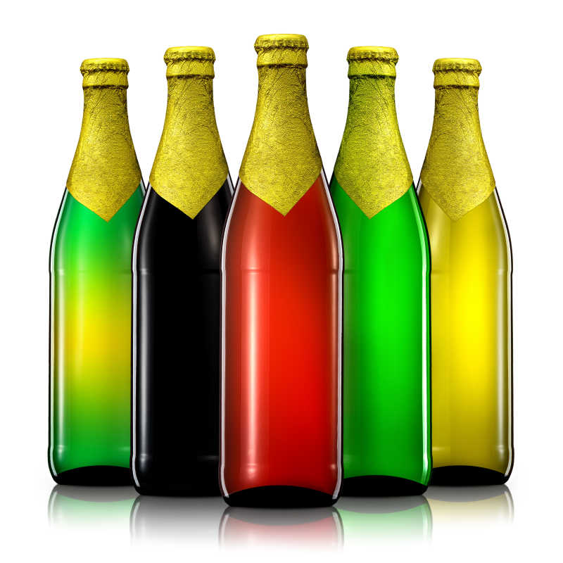 白色背景下的五个香槟酒瓶