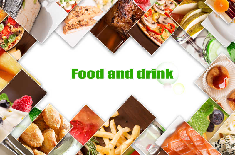 不同的饮料和食物拼接