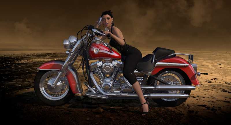 骑在摩托车上的性感黑衣骑士