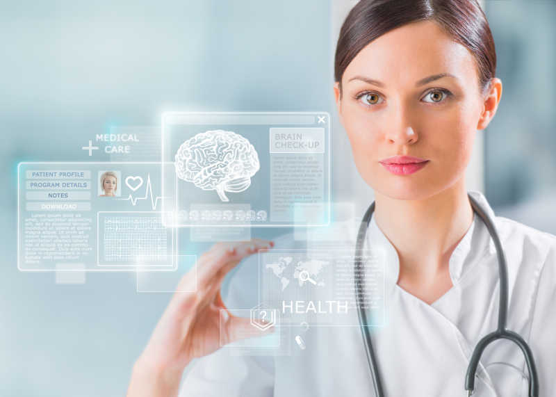 触摸虚拟界面的女医生