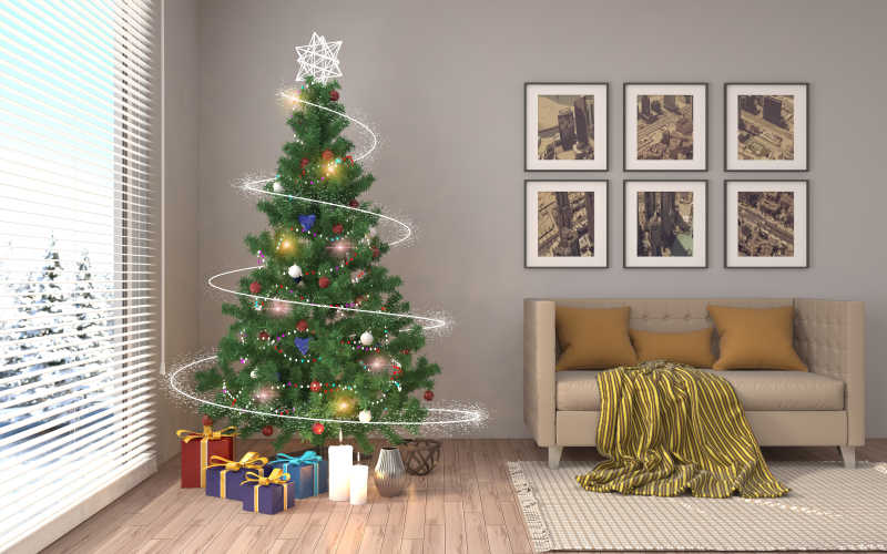 温馨小屋里的圣诞树