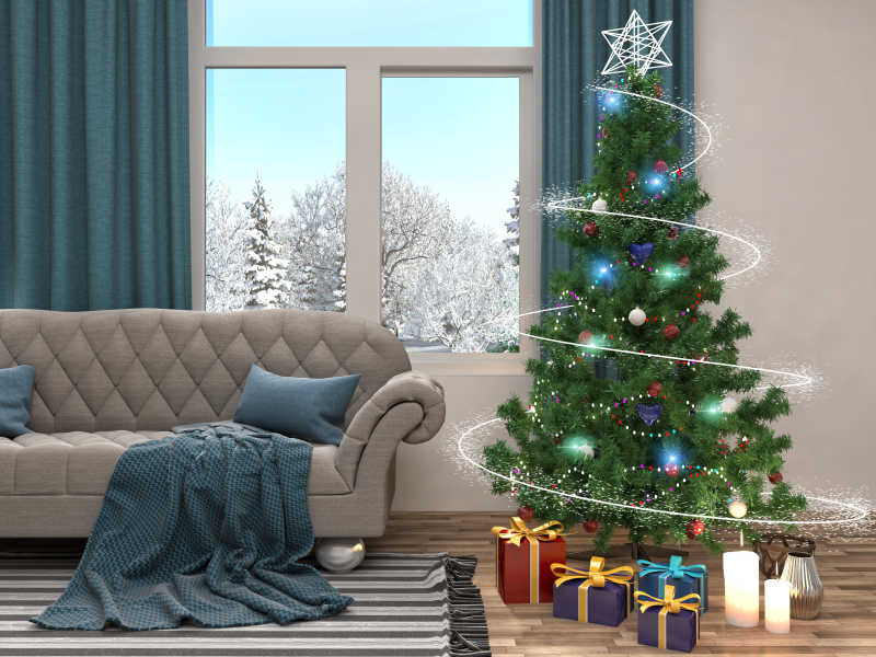 放在窗子旁边的圣诞树