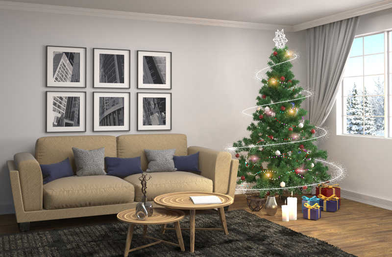 复古大厅里的漂亮圣诞树