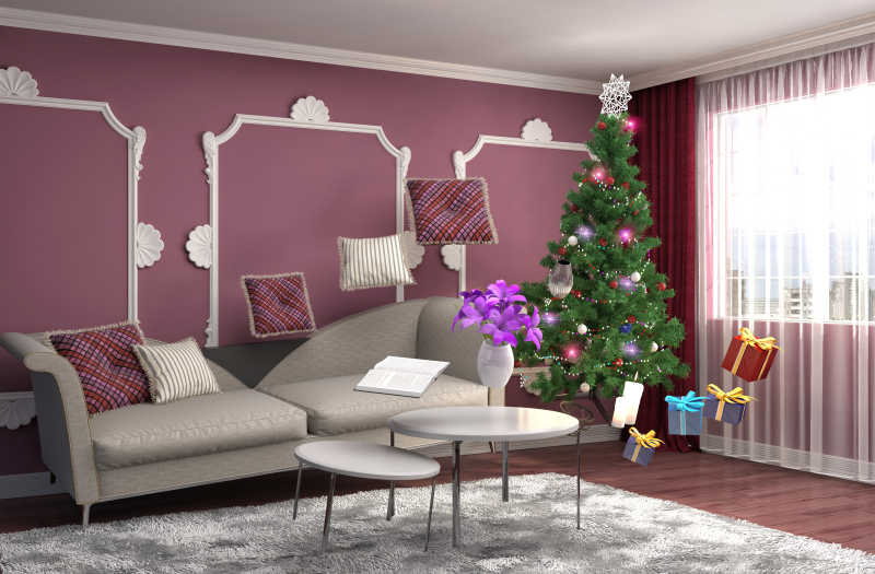 起居室里装点着圣诞树