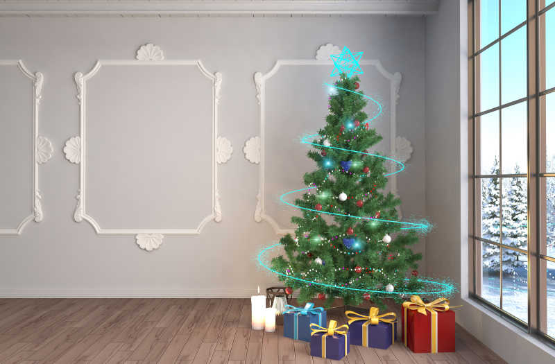 现代客厅里的漂亮圣诞树