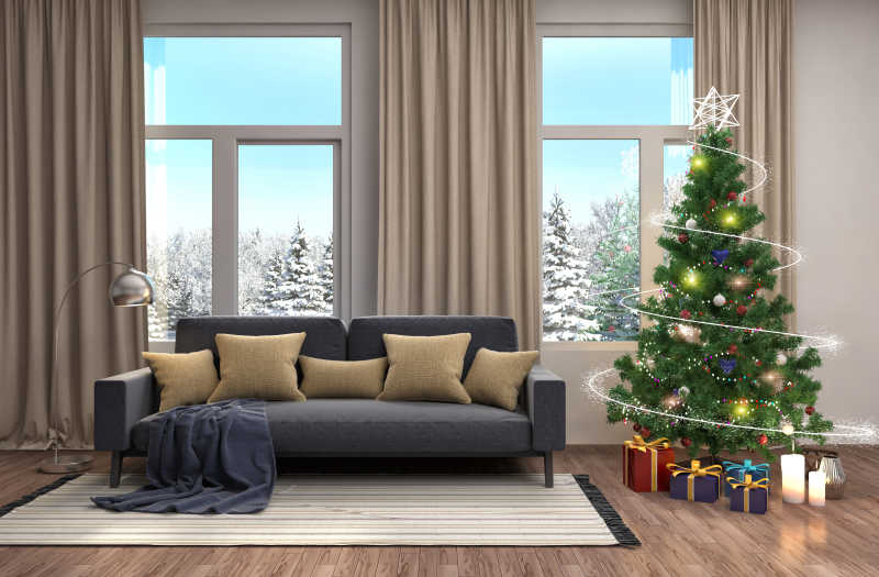 北欧风格客厅里的圣诞树