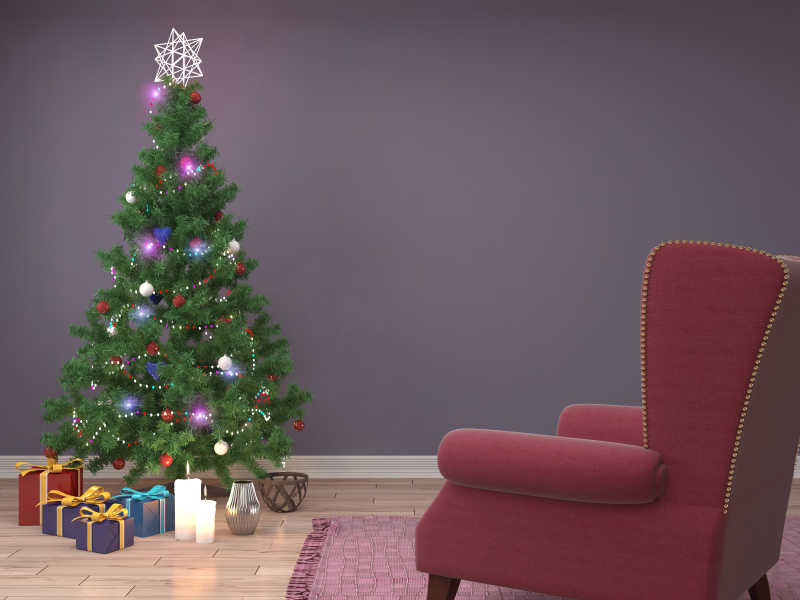 卧室里的绿色圣诞树