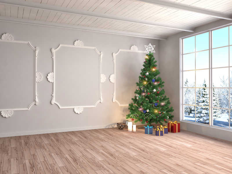 现代客厅里的精美圣诞树