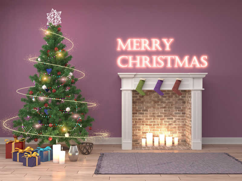 现代壁炉旁的圣诞树