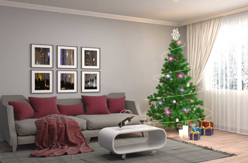 北欧风格客厅里的绿色圣诞树