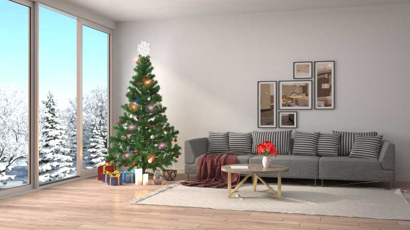 现代豪华大厅的圣诞树