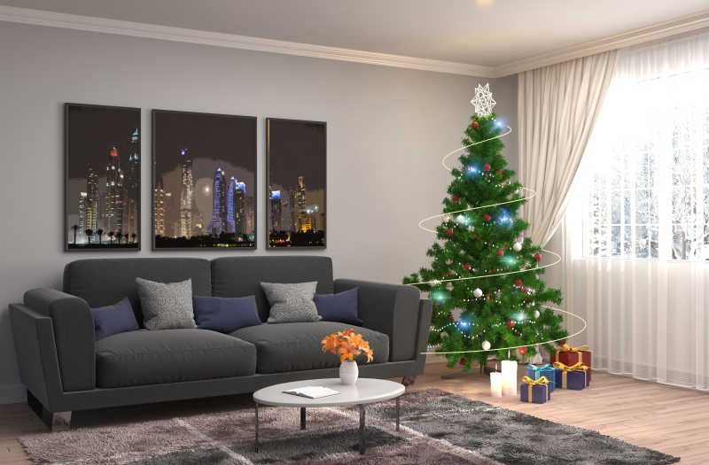 简约风格客厅里的圣诞树