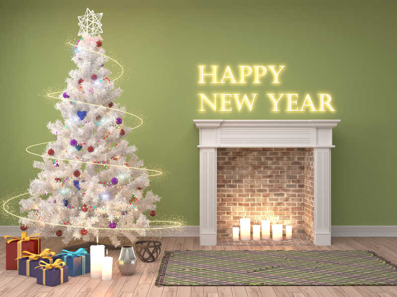 摆放在壁炉旁的白色圣诞树