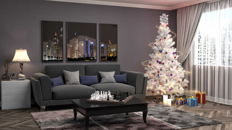 复古大厅里的白色圣诞树