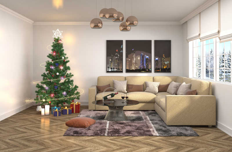 舒适客厅里的绿色圣诞树