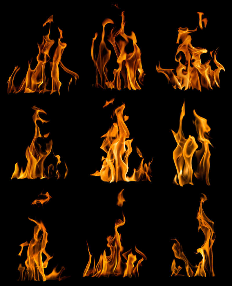黑色背景下的九个火焰
