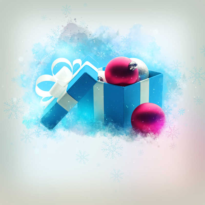 漂亮蓝色礼品盒里的粉色装饰球