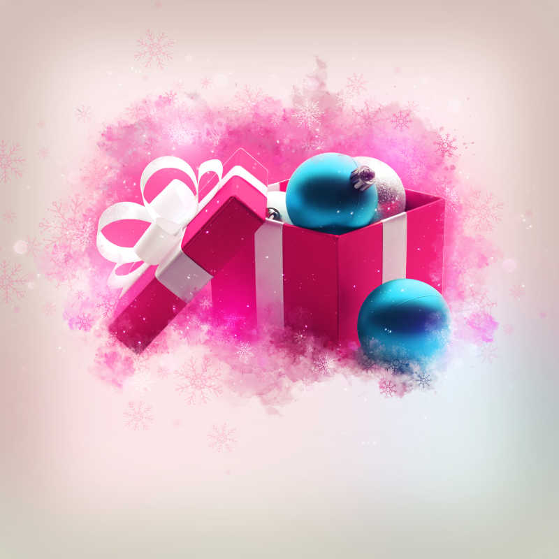 粉色礼品盒里放着蓝色装饰球