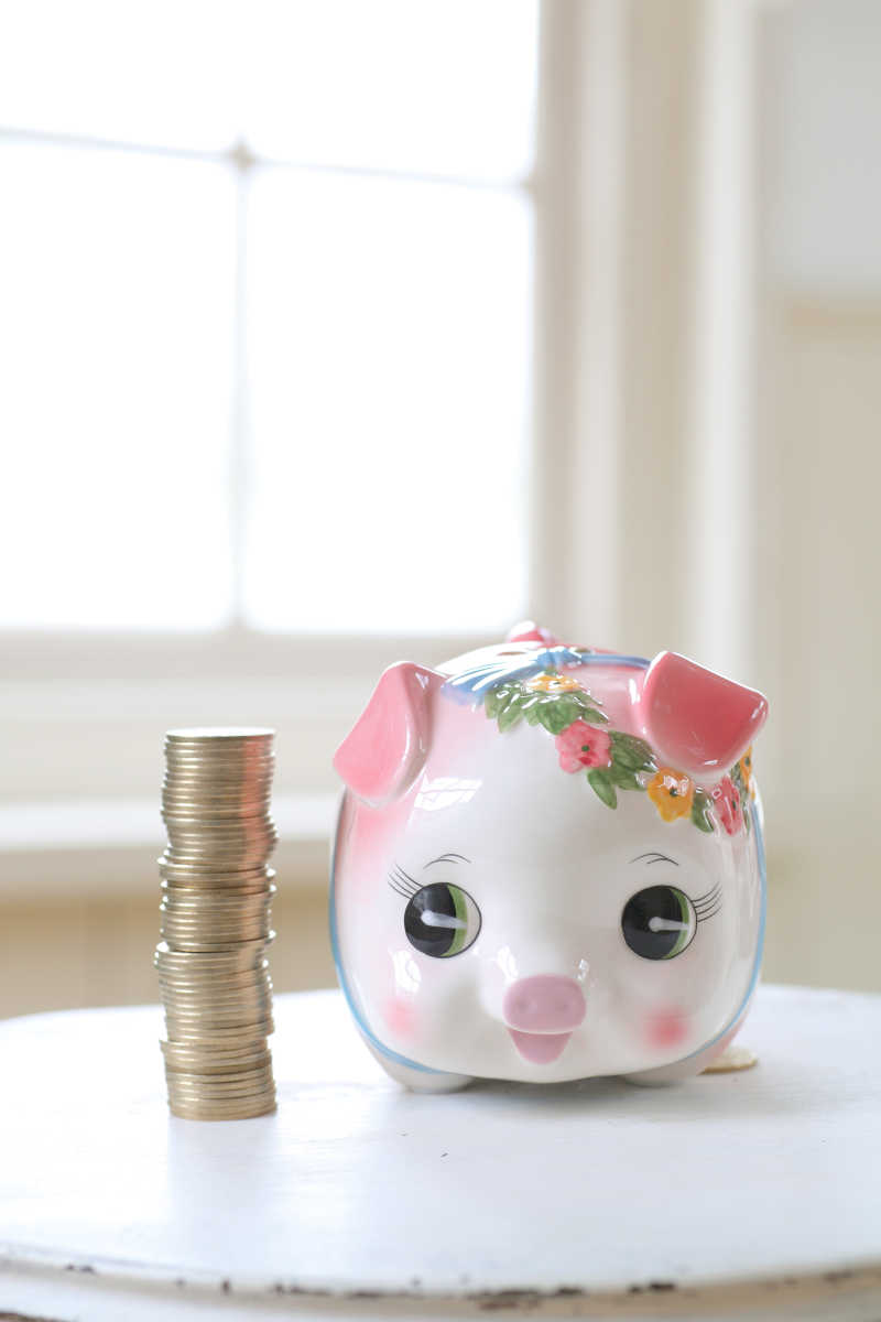 可爱猪存钱罐和硬币