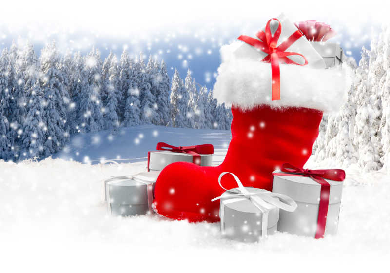 雪景背景上的各种圣诞节礼物