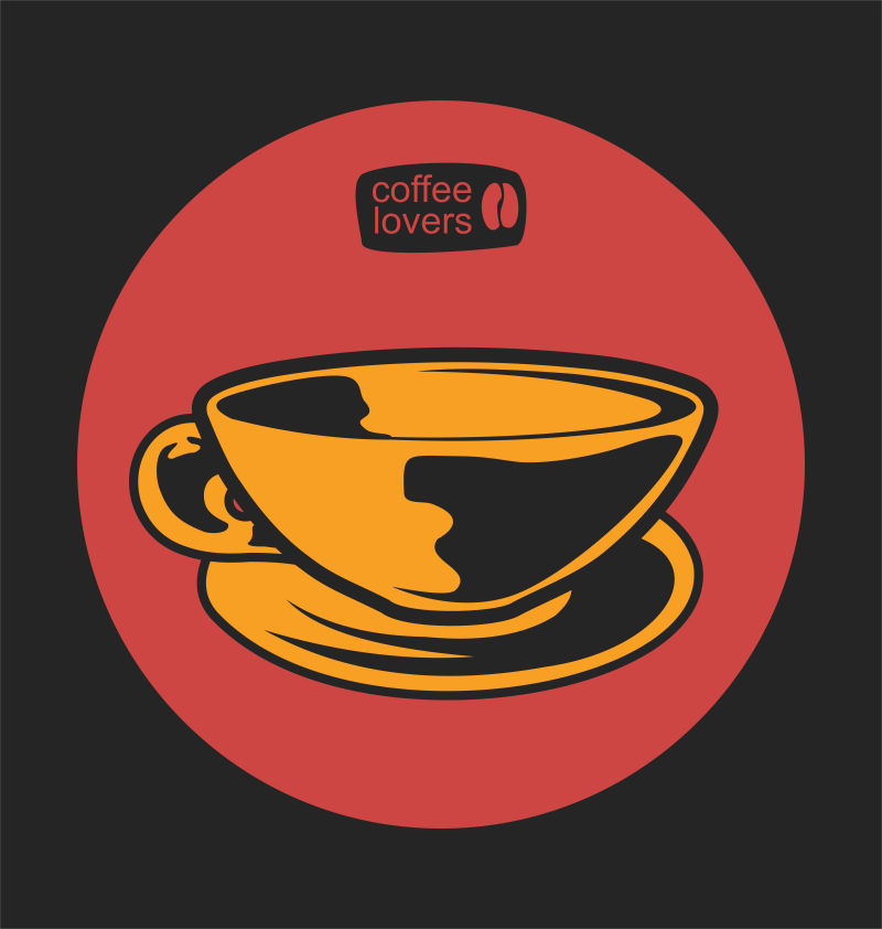红色椭圆背景下的棕色咖啡杯矢量插画