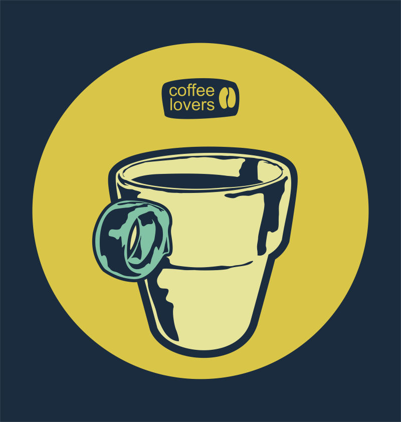 黄色椭圆背景下的矢量咖啡杯插画